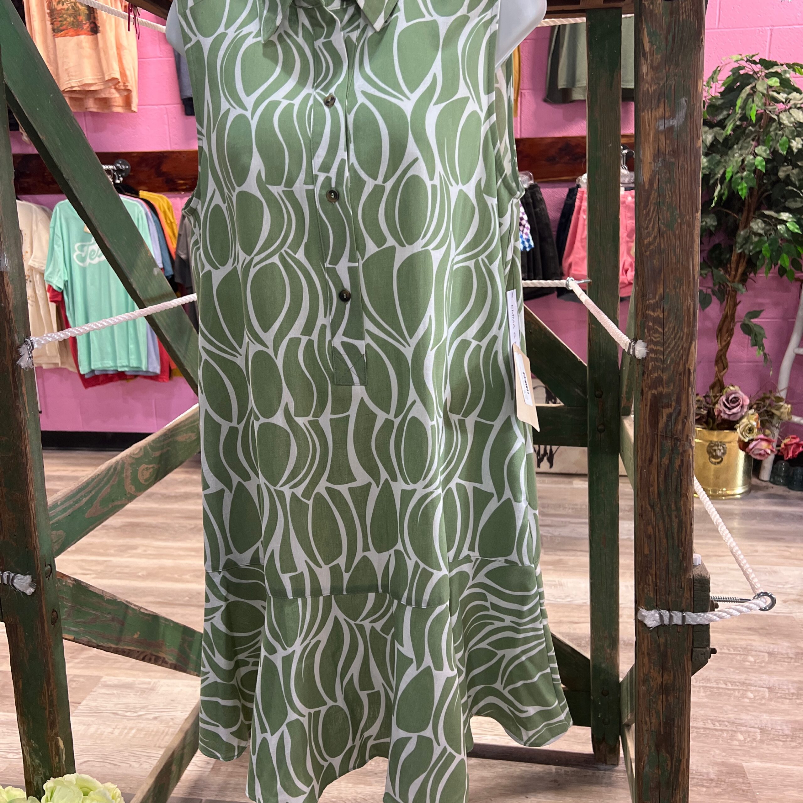 Dress - Sleeveless Green & White Midi Dress