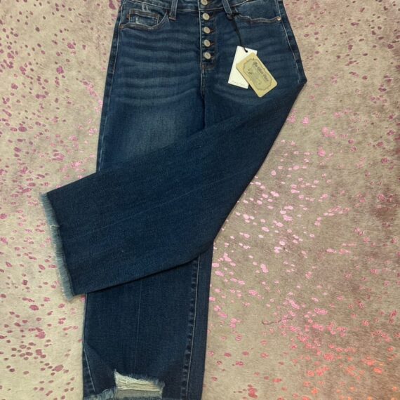 Jeans - Judy Blue High Waist Capri, Button Font, Torn, Ragged Hem