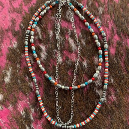 Necklace - 3 strand Multi Colored Beads
