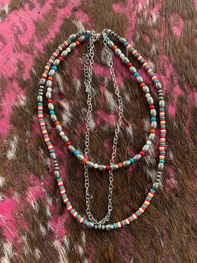 Necklace - 3 strand Multi Colored Beads