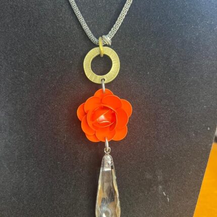 Necklace - Red Rose w Crystal Tear Drop