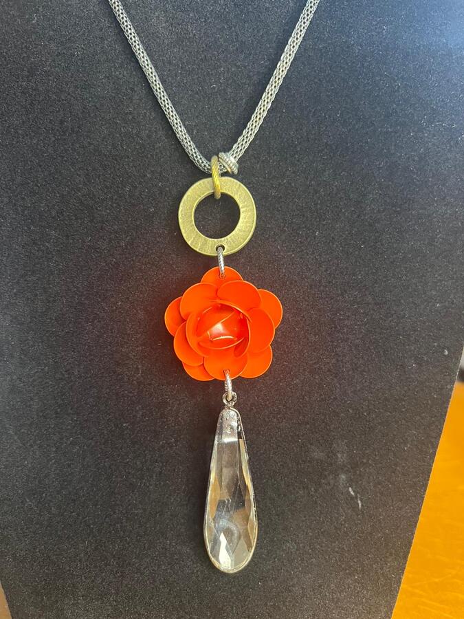Necklace -  Red Rose w/Crystal Tear Drop