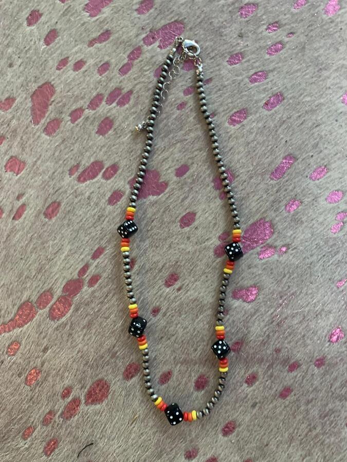 Necklace - Red Yellow w/Navajo Pearl and dice