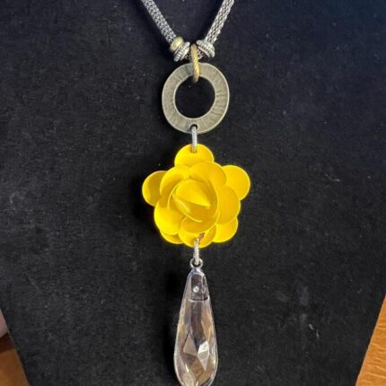 Necklace - Yellow Rose w Crystal Tear Drop