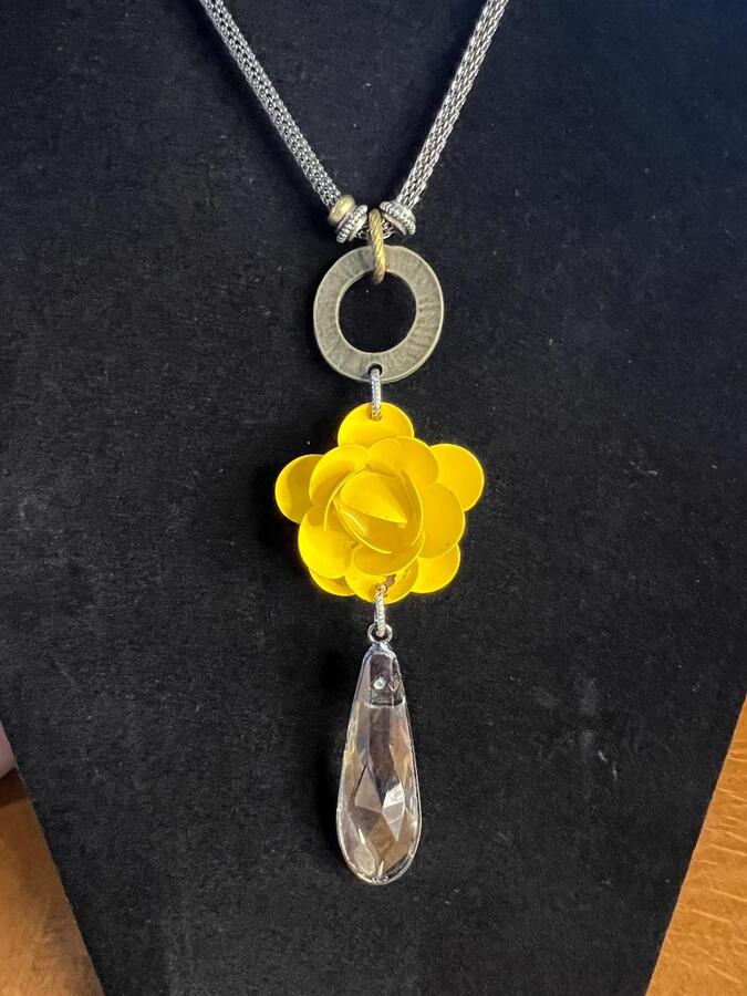 Necklace - Yellow Rose w/Crystal Tear Drop