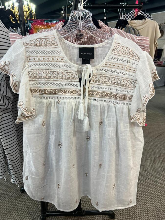Shirt  - Ivory Ruffle Tie V-neck