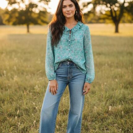 Shirt Blue flower with ruffle L S