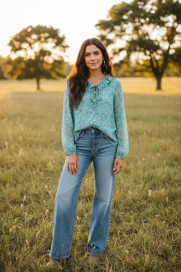 Shirt Blue flower with ruffle L/S